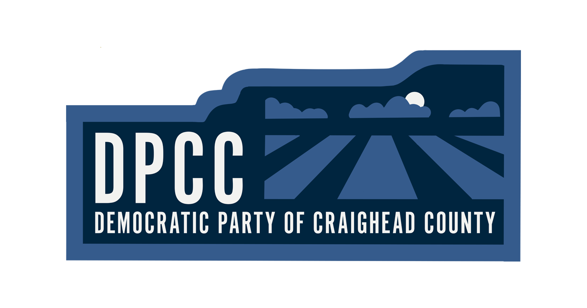 logo of the Democratic Party of Craighead County with the shape of the county and a simple field represented inside the rectangle