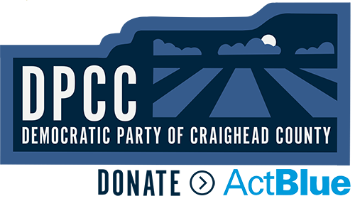 the logo for the Democratic Party of Craighead County with a stylized field in monotone blue colors. Image has the county name and at the bottom text that says Donate with ActBlue.
