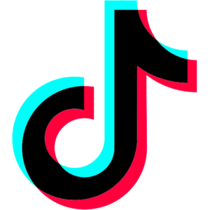 TikTok logo with stylized black T with neon blue and red shadows